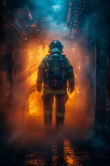 Fototapeta premium Into the Inferno: A lone firefighter's silhouette, engulfed in smoke and illuminated by raging flames, embodies courage and sacrifice in the face of danger.