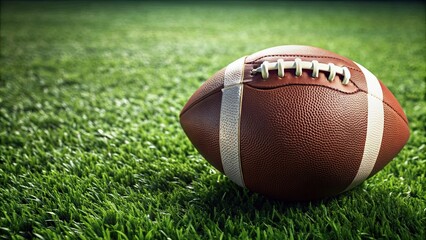 Obraz premium American football ball on grass field, sports, equipment, game, competition, NFL, college, touchdown, pigskin, leather