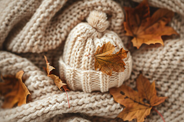 Obraz premium knitted white hat and blanket with autumn leaves scattered around