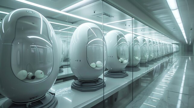 Rows of futuristic pods in a sterile, white room. The pods are filled with glowing orbs, creating an eerie, otherworldly atmosphere. - Powered by Adobe