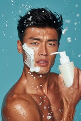 Refreshing Clean: A handsome young man embraces a splash of invigorating skincare, lathering his face with a gentle cleanser amidst a cascade of refreshing water droplets.