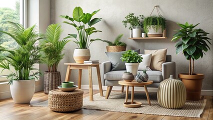 A lush green potted plant sits on a wooden side table surrounded by neutral-toned decorative vases and natural textiles in a bright modern living room.