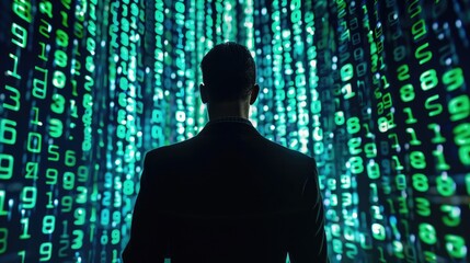 Silhouette of a person standing in front of a digital background with green binary code, representing cybersecurity, technology, and data analysis.