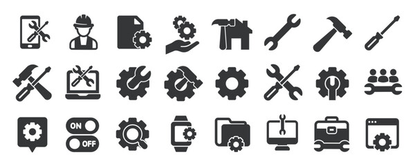 Repair glyph solid icons collection. Containing content setting, engineering, tools, fix. Minimal icon and symbol series vector illustration