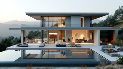 Modern house with large glass windows and infinity pool overlooking a scenic landscape at sunset