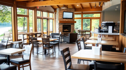 Obraz premium A cozy coffee shop by calm lake, wooden beams and stone accents