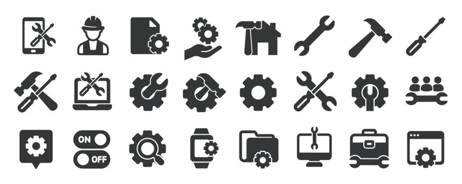 Repair glyph solid icons collection. Containing content setting, engineering, tools, fix. Minimal icon and symbol series vector illustration