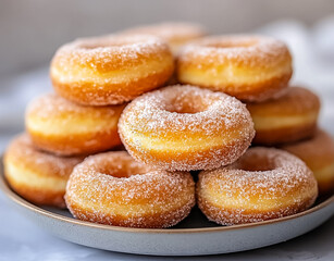 Mini cinnamon sugar donuts on a plate.