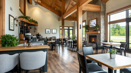 A cozy coffee shop by meadow, wooden beams and stone accents