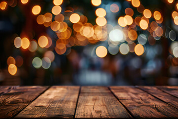 Rustic Wooden Table with Bokeh Lights – A Cozy and Festive Background for Holiday Decor and Warm Atmosphere