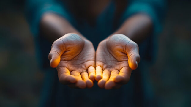 Close-up of open hands gently offering a warm, glowing light in a dark setting, symbolizing giving, hope, and spirituality.
