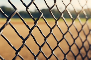 Fototapeta premium A chain link fence with a few links missing. The fence is on a baseball field. Scene is somewhat bleak and desolate