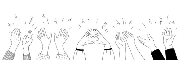 Applause hands set in doodle style. Human hands sketch, with arms raised in gestures like clapping and making heart shapes, on a white background. Vector illustration for celebratory themes.