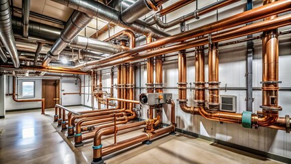 Fototapeta premium Modern HVAC system installation in a residential building, showcasing a network of copper pipes, vents, and machinery for heating, ventilation, and air conditioning.