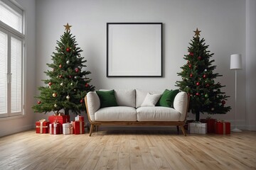 Empty blank frame with Big beautiful christmas tree on wooden floor White wall background