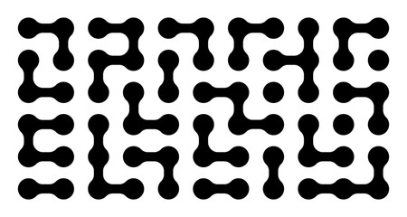 Geometric pattern of interconnected blobs and dots, resembling metaballs. The fluid shapes morph seamlessly, evoking neuron networks and a Y2K aesthetic, medical and scientific theme.