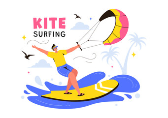 Kitesurfing Vector Illustration featuring a Kite Surfer Standing on a Kiteboard in the Summer Sea in Extreme Water Sports with a Cartoon Background