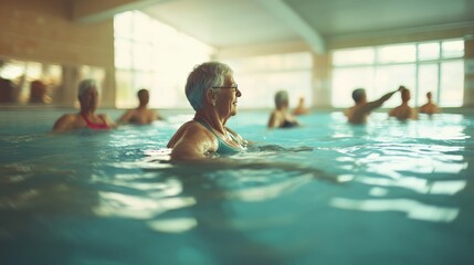 A group of seniors participating in a water aerobics class in a well-lit indoor pool, enhancing fitness and wellbeing through low-impact exercise.