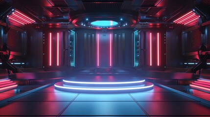 A stage with glowing neon lights creates a captivating futuristic atmosphere for an upcoming event