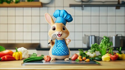 Whisking Up Fun: Adorable Cartoon Rabbit Chef in Blue Hat & Polka Dot Apron with Colorful Veggies - Perfect Poster for Kids' Kitchen or Playroom Decor!