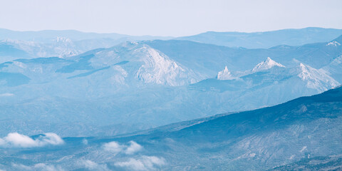 Calm evening landscape in the mountains at sunset. Photo wallpapers. Natural background. Panorama. Crimea, Ukraine