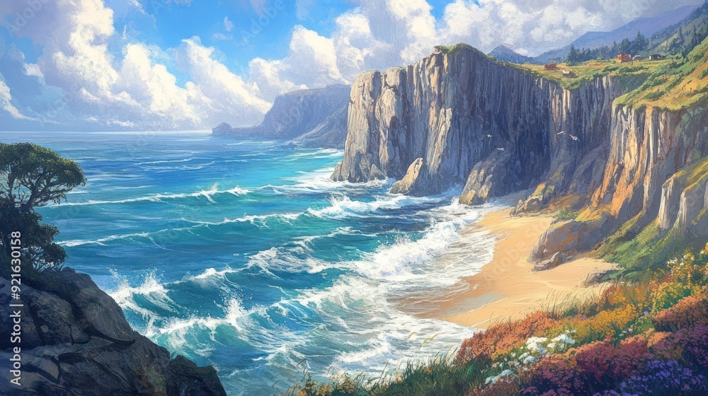 Poster Dramatic Coastline with Crashing Waves and Cliffside Houses