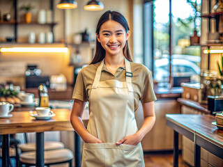 Blank mock up apron cream color coffee shop barista smiling young beautiful lady indoor