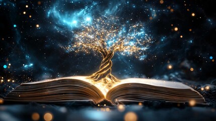 An enchanting book with a glowing tree emerging from its pages, symbolizing knowledge, growth, and the magic of imagination. © Siripong