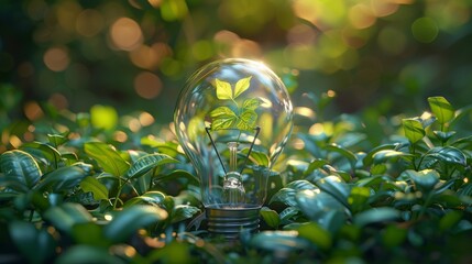 A light bulb encased in glass, featuring a sprouting plant among vibrant green leaves in a serene natural setting during golden hour