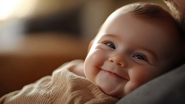 Adorable baby smiling while cuddled in parent's arms, capturing a heartwarming and joyful moment indoors.