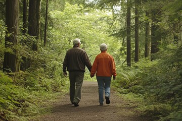 An elderly couple walks hand-in-hand on a forest path surrounded by lush greenery, enjoying nature and tranquility together.