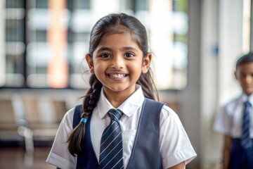 "Smiling Indian Girl in School Uniform Outdoors" - An Indian girl in uniform, smiling brightly, captured in an outdoor school setting.
