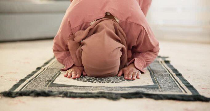 Muslim, bow or woman in prayer for Allah, wellness or spiritual awareness in home for gratitude. Salah, fasting or with Islamic person on floor or carpet for ramadan tradition, religion or worship