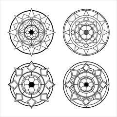 Set of Soccer Ball Mandala: Black and White Line Art Featuring Central Soccer Ball with Hexagonal and Pentagonal Panels, Surrounded by Concentric Patterns Including Goalposts and Cleats