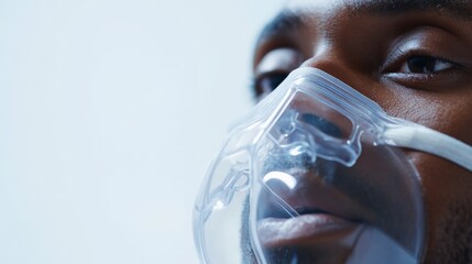 Close-up of a person wearing an oxygen mask, providing respiratory support and care. Medical healthcare concept.