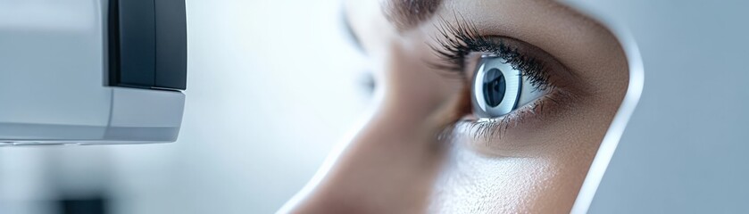 Close-up of an eye undergoing an eye exam using modern medical technology, showcasing vision care...