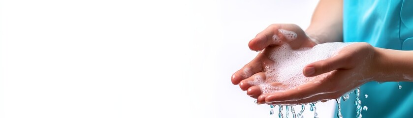 Fototapeta premium Close-up of hands lathering soap with water for hygiene and cleanliness on white background with blue shirt. Emphasizes importance of handwashing.