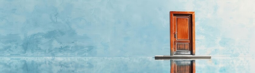 A solitary wooden door stands against a faded blue wall, reflecting timeless simplicity and quiet elegance in its minimalistic design.