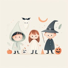 Three children dressed in Halloween costumes, including a witch, ghost, and other characters, surrounded by festive elements in a playful illustration.