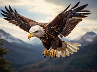Obraz premium A close-up of a white-headed eagle hunting over the high mountains