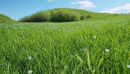 Fototapeta premium Green grass field under blue sky and white clouds during daytime 10