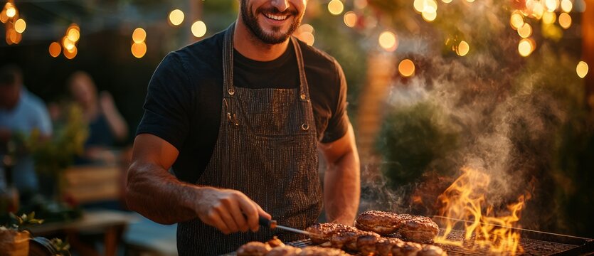 Smiling man grilling meat during outdoor evening gathering