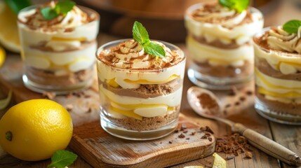 Lemon Tiramisu Dessert in Glasses on wooden background