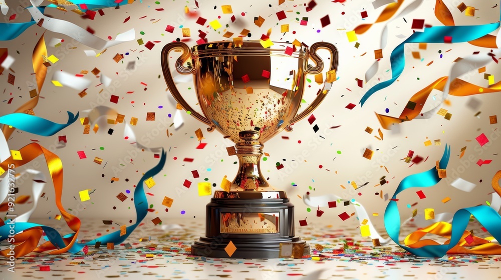 Poster golden trophy surrounded by colorful confetti and ribbons during a celebration