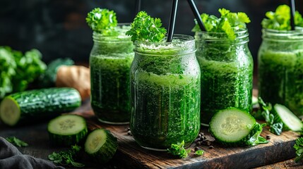 Healthy green smoothies in mason jars with fresh ingredients