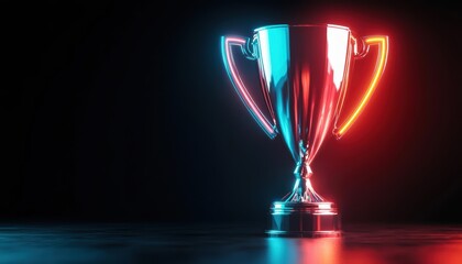 Shiny silver trophy with neon red and blue light glow on a dark background.