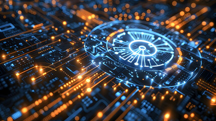 3D Render of a Futuristic Circuit Board with Glowing Blue and Orange Lights