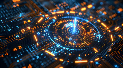 Futuristic Circuit Board 3D Illustration with Glowing Blue and Orange Lines