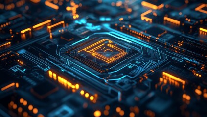 Obraz premium High-tech futuristic background with glowing digital elements and holographic textures, creating an immersive sci-fi atmosphere for technology-themed designs.