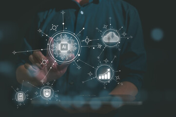 artificial intelligence AI technology and Digital transformation concept, businessman holding...